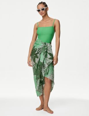 M&S Womens Pure Cotton Printed Sarong - Medium Green, Medium Green