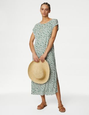 M&S Womens Jersey Printed Midi Relaxed Shift Dress - Green Mix, Green Mix
