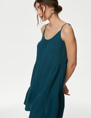 M&S Women's Pure Cotton Tiered Mini Beach Dress - 12 - Dark Turquoise, Dark Turquoise,Flame
