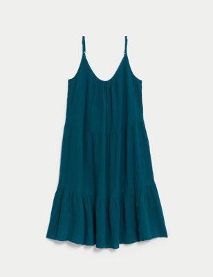 M&S Womens Pure Cotton Tiered Mini Beach Dress - 8 - Dark Turquoise, Dark Turquoise,Flame