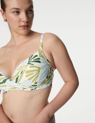 M&S Women's Printed Wired Padded Plunge Bikini Top - 32DD - Green Mix, Green Mix
