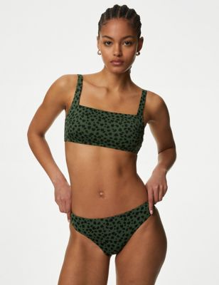 M&S Womens Printed High Leg Bikini Bottoms - 16 - Dark Green Mix, Dark Green Mix,Orange Mix