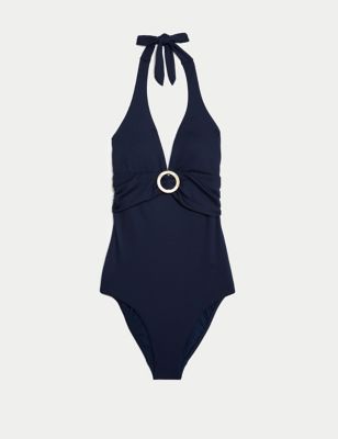 M&S Womens Tummy Control Ruched Plunge Swimsuit - 14LNG - Bright Blue,  Bright Blue,Navy, £32.50