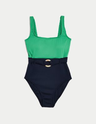 M&S Womens Post Surgery Tummy Control Belted Swimsuit - 16 - Green Mix, Green Mix,Black Mix