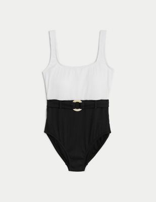 M&S Womens Post Surgery Tummy Control Belted Swimsuit - 16 - Black Mix, Black Mix