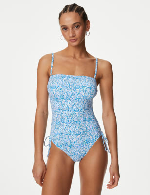 M&S Womens Printed Drawstring Bandeau Swimsuit - 16 - Bright Blue Mix, Bright Blue Mix,Dark Blue Mix