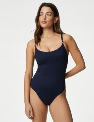M&S Womens Padded Ring Detail Scoop Neck Swimsuit - 16LNG - Navy, Navy