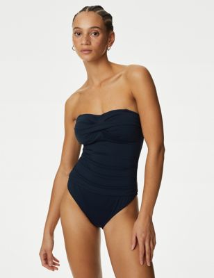 M&S Womens Tummy Control Bandeau Swimsuit - 8LNG - Navy, Navy,Onyx