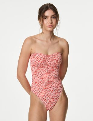 M&S Women's Tummy Control Printed Bandeau Swimsuit - 24 - Orange Mix, Orange Mix