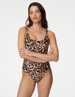 M&S Womens Printed Scoop Neck Swimsuit - 14REG - Brown, Brown,Black Mix,Flame