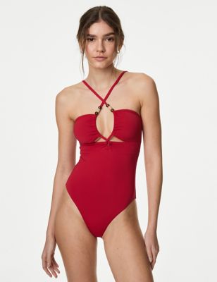 M&S Womens Twist Front Cut Out Bandeau Swimsuit - 10 - Ruby Red, Ruby Red,White