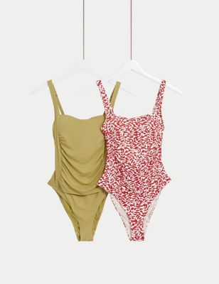M&S Women's 2pk Tummy Control Square Neck Swimsuits - 10LNG - Dark Red Mix, Dark Red Mix,Navy Mix