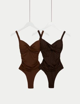 M&S Womens 2pk Tummy Control Plunge Swimsuits - 16REG - Brown Mix, Brown Mix