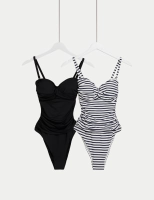 M&S Women's 2pk Tummy Control Bandeau Swimsuit - 18 - Black Mix, Black Mix