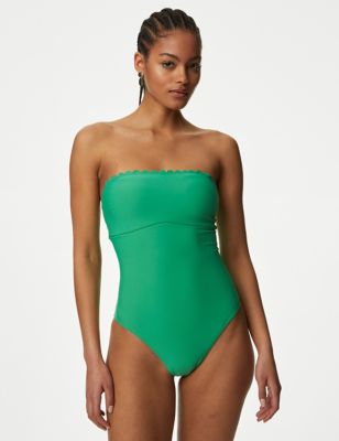 M&S Womens Neoprene Scallop Bandeau Swimsuit - 8 - Medium Green, Medium Green,White
