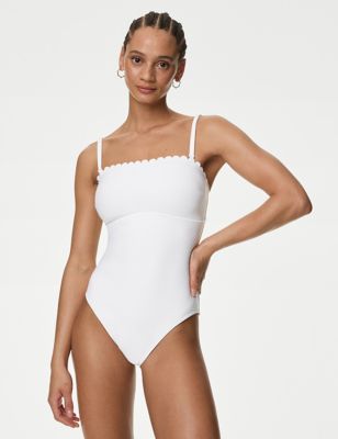 M&S Women's Neoprene Scallop Bandeau Swimsuit - 10 - White, White,Medium Green