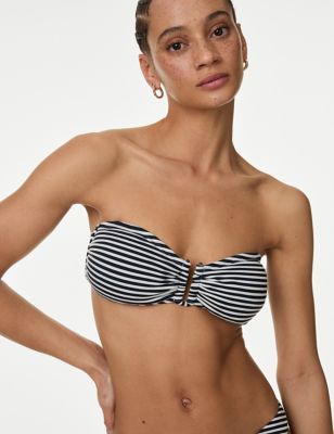M&S Women's Striped Padded U-Wire Bandeau Bikini Top - 10 - Navy Mix, Navy Mix