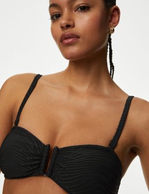 M&S Womens Textured Bandeau Bikini Top - 8 - Black, Black,Flame