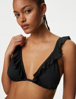 M&S Womens Ruffle Plunge Bikini Top - 16 - Black, Black