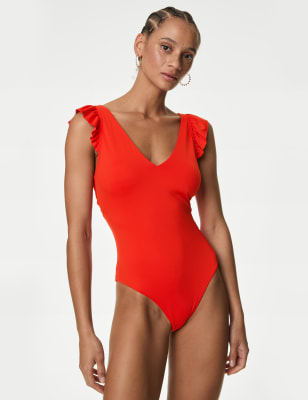 Padded Ruffle Plunge V-Neck Swimsuit - SA