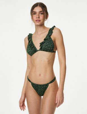 M&S Women's Printed Ruffle Plunge Bikini Top - 16 - Dark Green Mix, Dark Green Mix