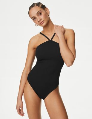 M&S Women's Textured Padded Swimsuit - 16 - Black, Black,Orange