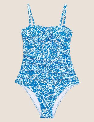 M&S Womens Tummy Control Printed Bandeau Swimsuit - 8 - Blue Mix, Blue Mix