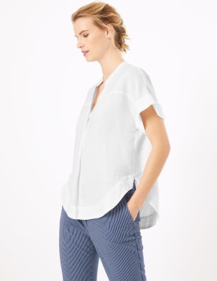 Pure Linen V-Neck Blouse - HU