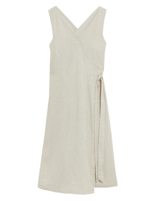 

Womens M&S Collection Midi-Wickelkleid mit hohem Leinenanteil, V-Ausschnitt und Bindegürtel - Natural, Natural