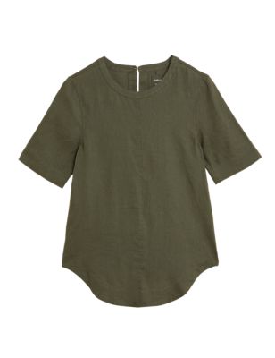 

Womens M&S Collection Pure Linen Round Neck Short Sleeve Boxy Top - Hunter Green, Hunter Green