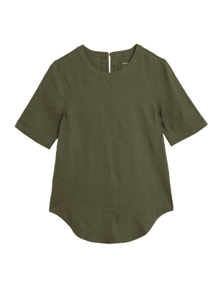 

Womens M&S Collection Pure Linen Round Neck Short Sleeve Boxy Top - Hunter Green, Hunter Green