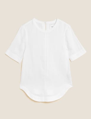 

Womens M&S Collection Pure Linen Round Neck Short Sleeve Boxy Top - White, White