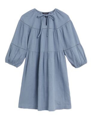 

Womens M&S Collection Linen Rich V-Neck Mini Tiered Dress - Dusty Blue, Dusty Blue