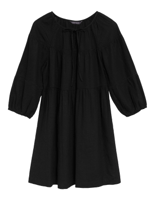 

Womens M&S Collection Linen Rich V-Neck Mini Tiered Dress - Black, Black