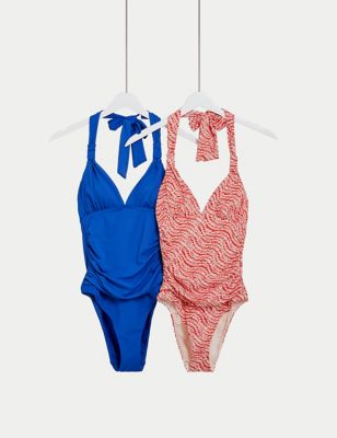 M&S Women's 2 Pack Tummy Control Plunge Halterneck Swimsuit - 8 - Blue Mix, Blue Mix