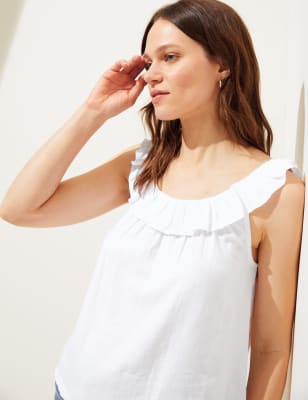 

Womens M&S Collection Trägeroberteil aus Leinenmischgewebe mit Rüschen - White, White