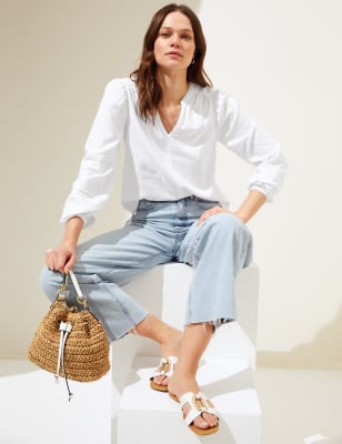 

Womens M&S Collection Bluse mit Blousonärmeln, V-Ausschnitt und hohem Leinenanteil - White, White