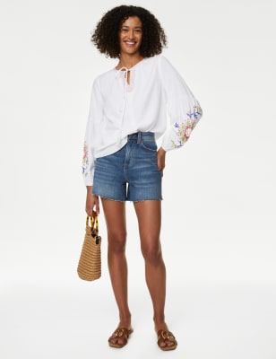 

M&S Collection Blusa bordada con lazo en el cuello de linoWomens - White, White