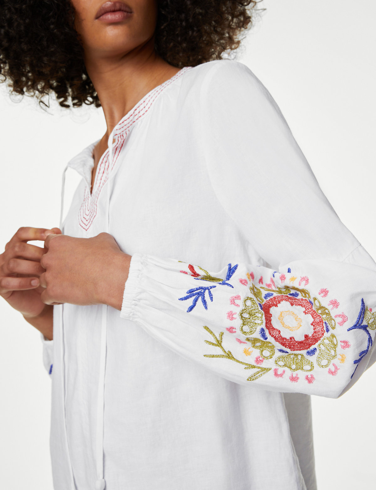 Linen Rich Embroidered Tie Neck Blouse