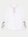 Linen Rich Embroidered Tie Neck Blouse