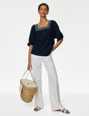

Womens M&S Collection Bluse aus Leinenmischgewebe mit Puffärmeln und Stickerei - Navy, Navy