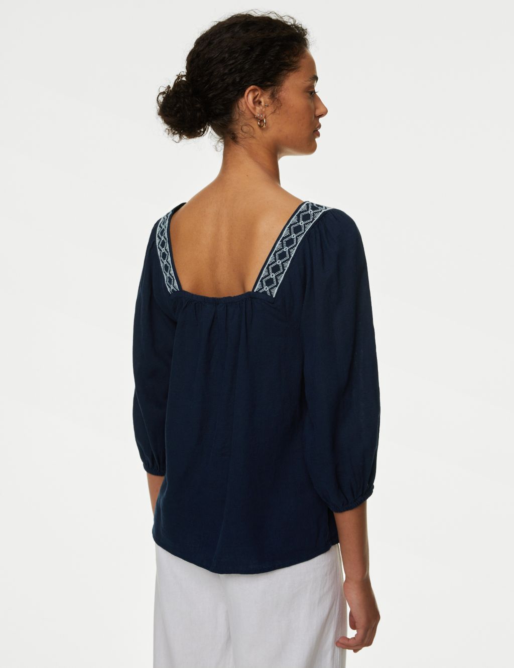 Linen Blend Embroidered Puff Sleeve Blouse image 4