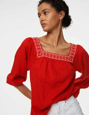 Linen Blend Embroidered Puff Sleeve Blouse