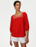 Linen Blend Embroidered Puff Sleeve Blouse
