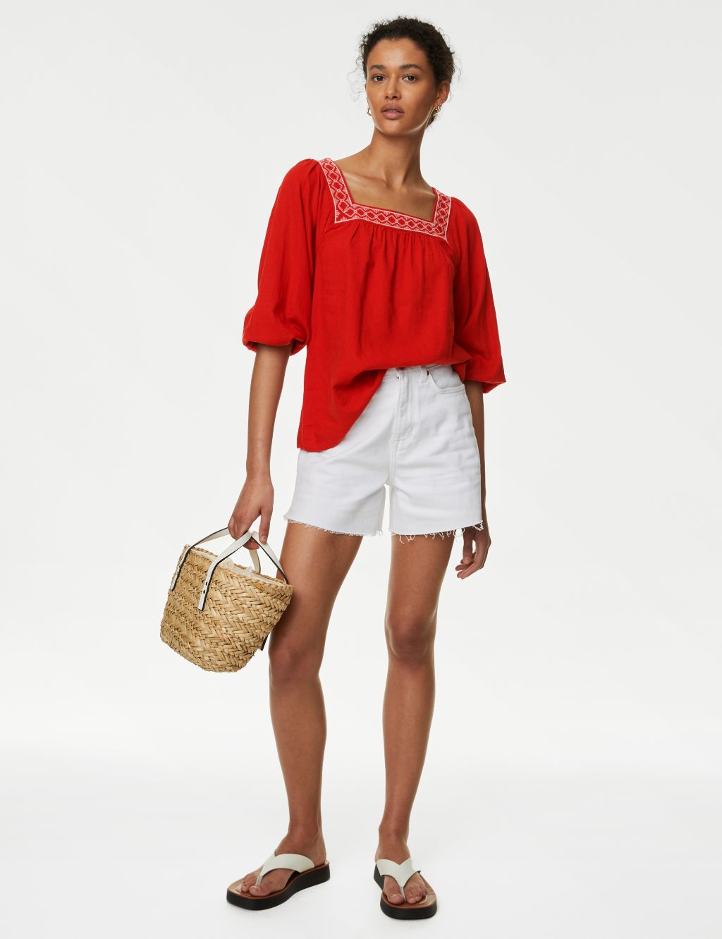 Linen Blend Embroidered Puff Sleeve Blouse image 3