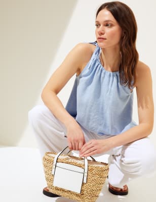 

Womens M&S Collection Trägeroberteil mit hohem Leinenanteil, hohem Ausschnitt und Bindedetail - Light Chambray, Light Chambray