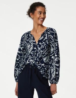 

M&S Collection Blusa estampada de escote en pico de linoWomens - Navy Mix, Navy Mix