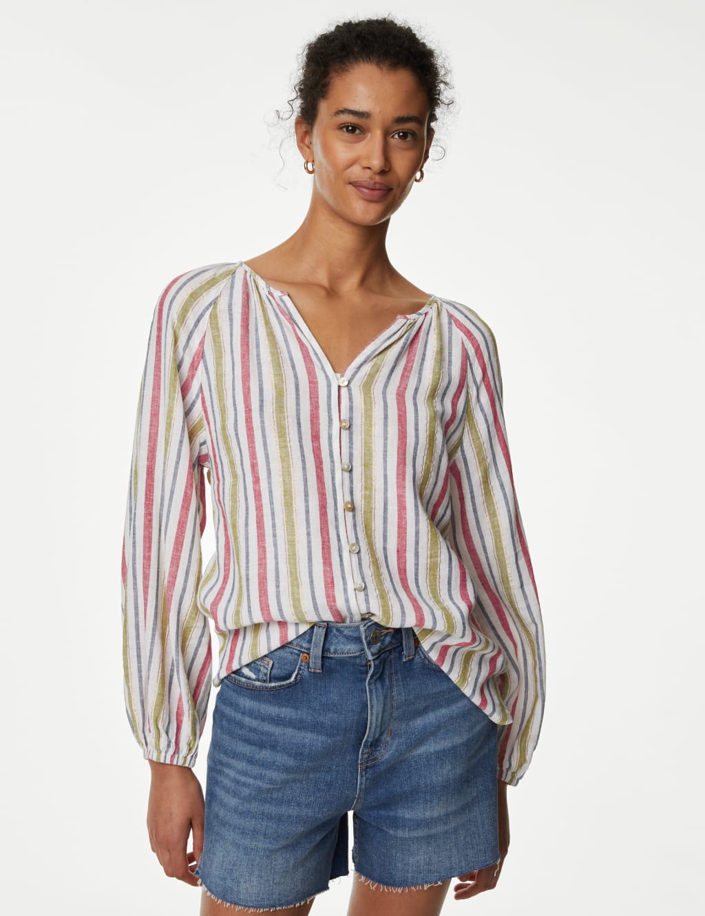 Linen Blend Striped V-Neck Relaxed Blouse image 2