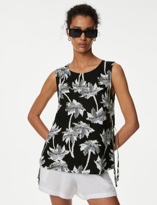 

M&S Collection Top estampado de lino con cuello altoWomens - Black Mix, Black Mix
