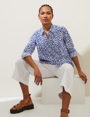 

Womens M&S Collection Linen Rich Printed Collared Shirt - Dark Blue Mix, Dark Blue Mix